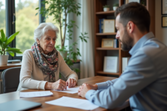 Femme âgée discutant avec un conseiller dans un bureau moderne
