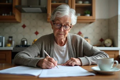 Retraitée examinant ses documents de pension Agirc-Arrco à sa table de cuisine