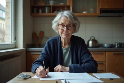 Retraitée française examinant sa pension de retraite à revenus modestes dans une cuisine modeste