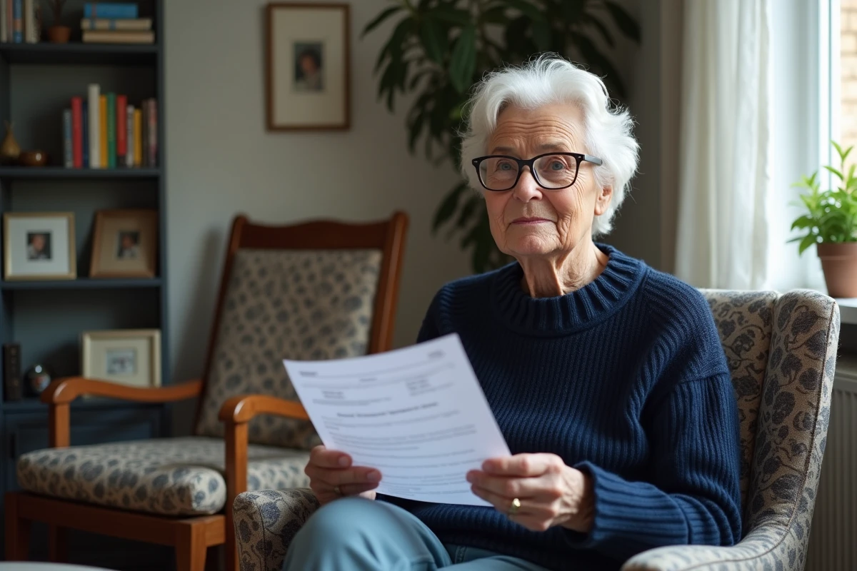 Femme retraitée lisant son relevé de pension complémentaire Agirc-Arrco dans son salon