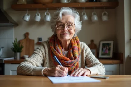 Femme retraitée souriante écrivant une citation dans une carte