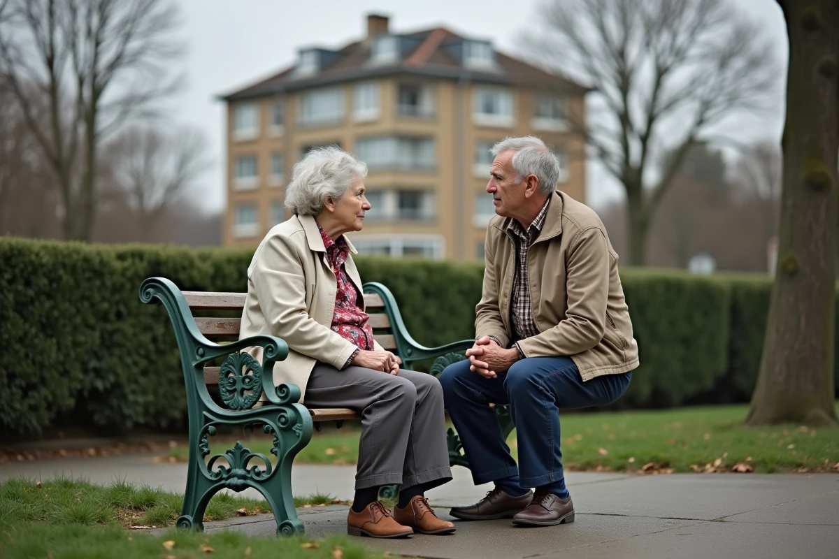 Deux retraités français discutant de leur pension modeste sur un banc de parc urbain