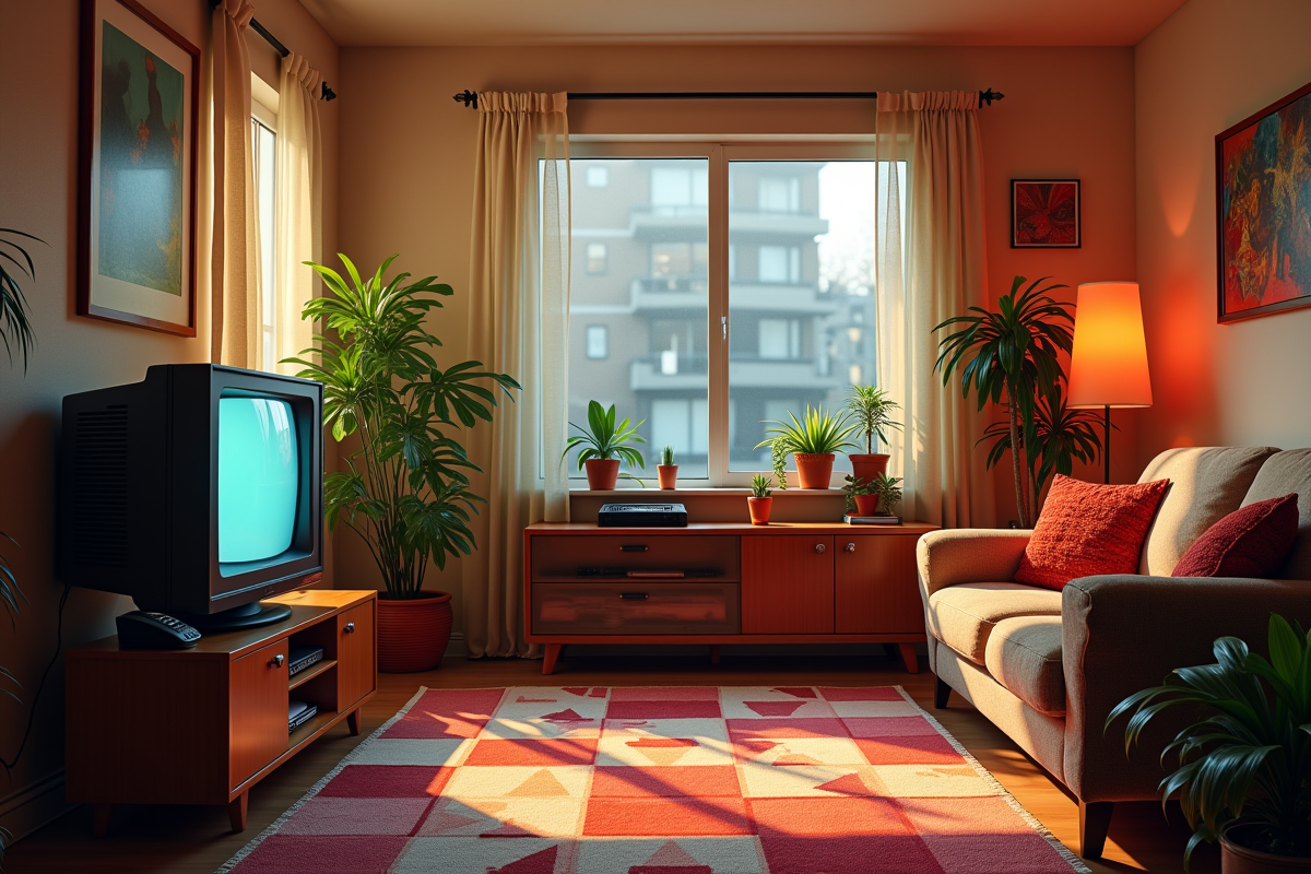 Salon vintage 90s avec télévision VHS et lampe lava