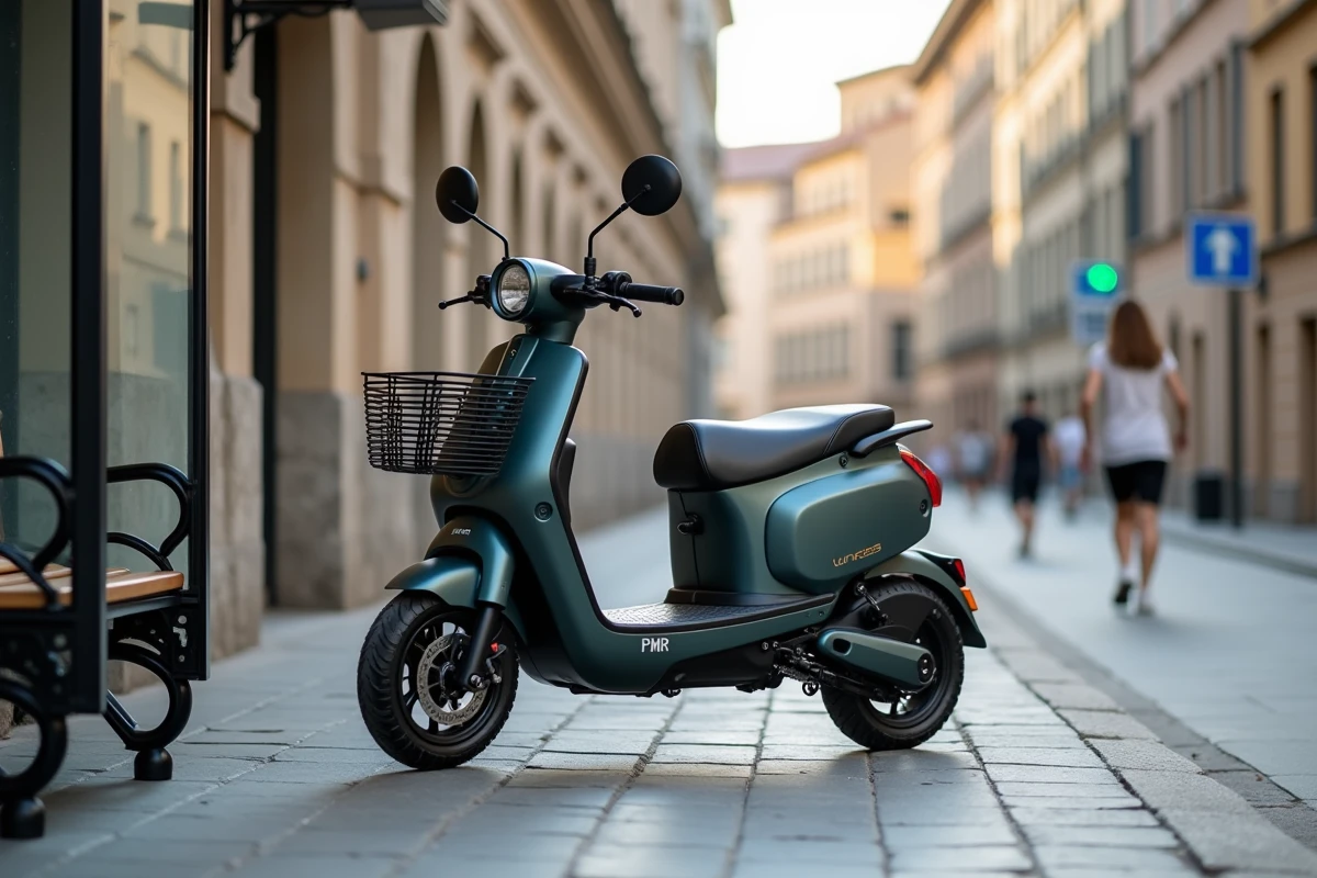 Scooter électrique PMR compact garé près d'un arrêt de bus en centre-ville sur une place pavée