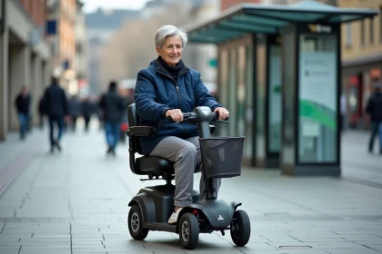Femme en situation de mobilité réduite conduisant un scooter électrique PMR sur un trottoir urbain près d'un arrêt de tramway