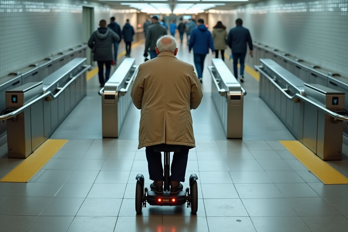 Personne âgée en scooter électrique PMR accédant à l'entrée d'une station de métro avec rampe d'accessibilité