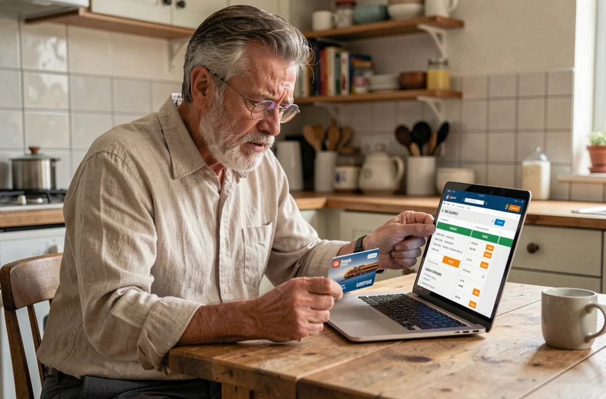 Un homme âgé compare sa carte sénior gratuite avec une réservation de train en ligne sur son ordinateur, représentant les erreurs fréquentes de réservation qui peuvent coûter cher aux voyageurs seniors.