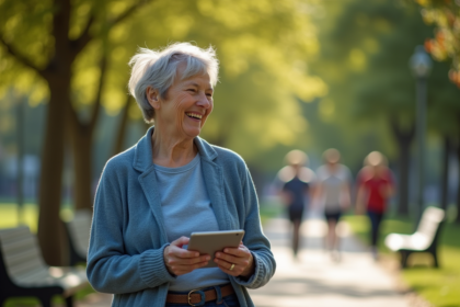 Femme senior active dans un parc ensoleille avec tablette