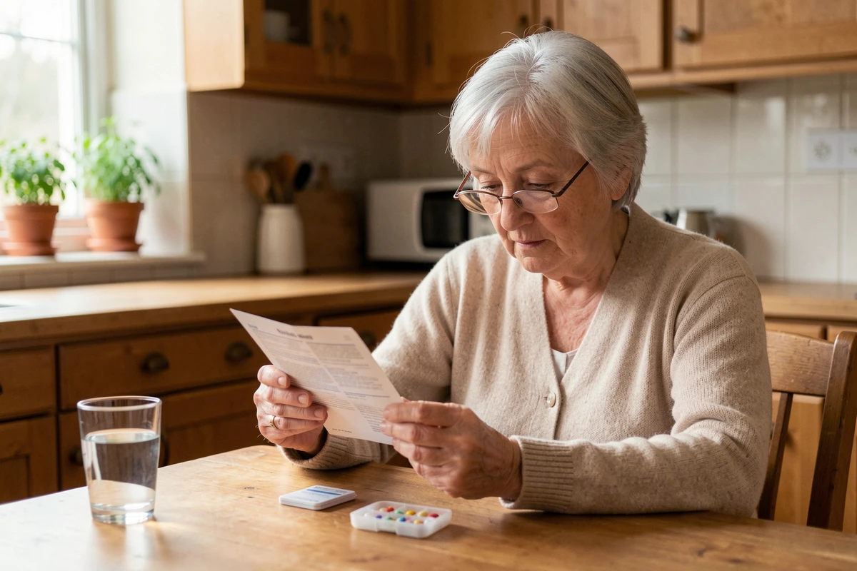 Femme senior lisant la notice d'un médicament RITONIC à la table de sa cuisine avec un verre d'eau et un pilulier