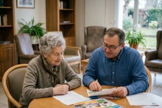 Femme âgée en réunion avec un homme dans un EHPAD