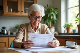 Femme senior lit une déclaration de pension dans la cuisine