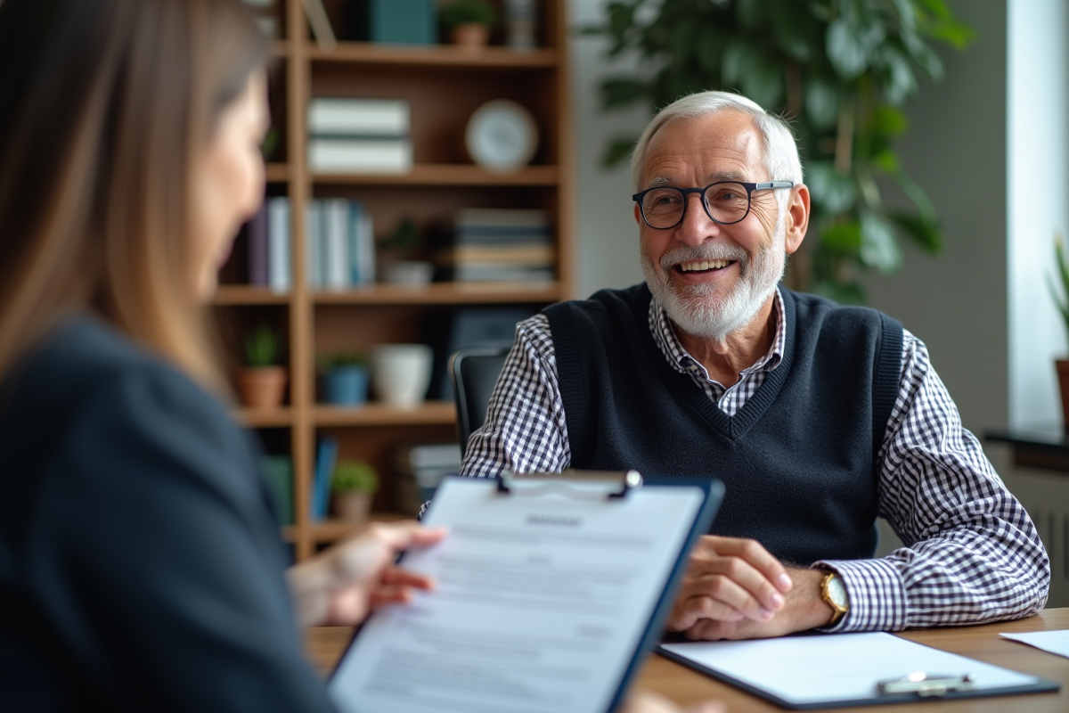 Homme âgé souriant avec une assistante sociale en bureau