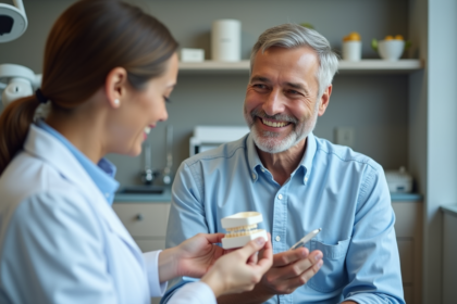 Homme senior souriant avec denture et dentiste professionnelle