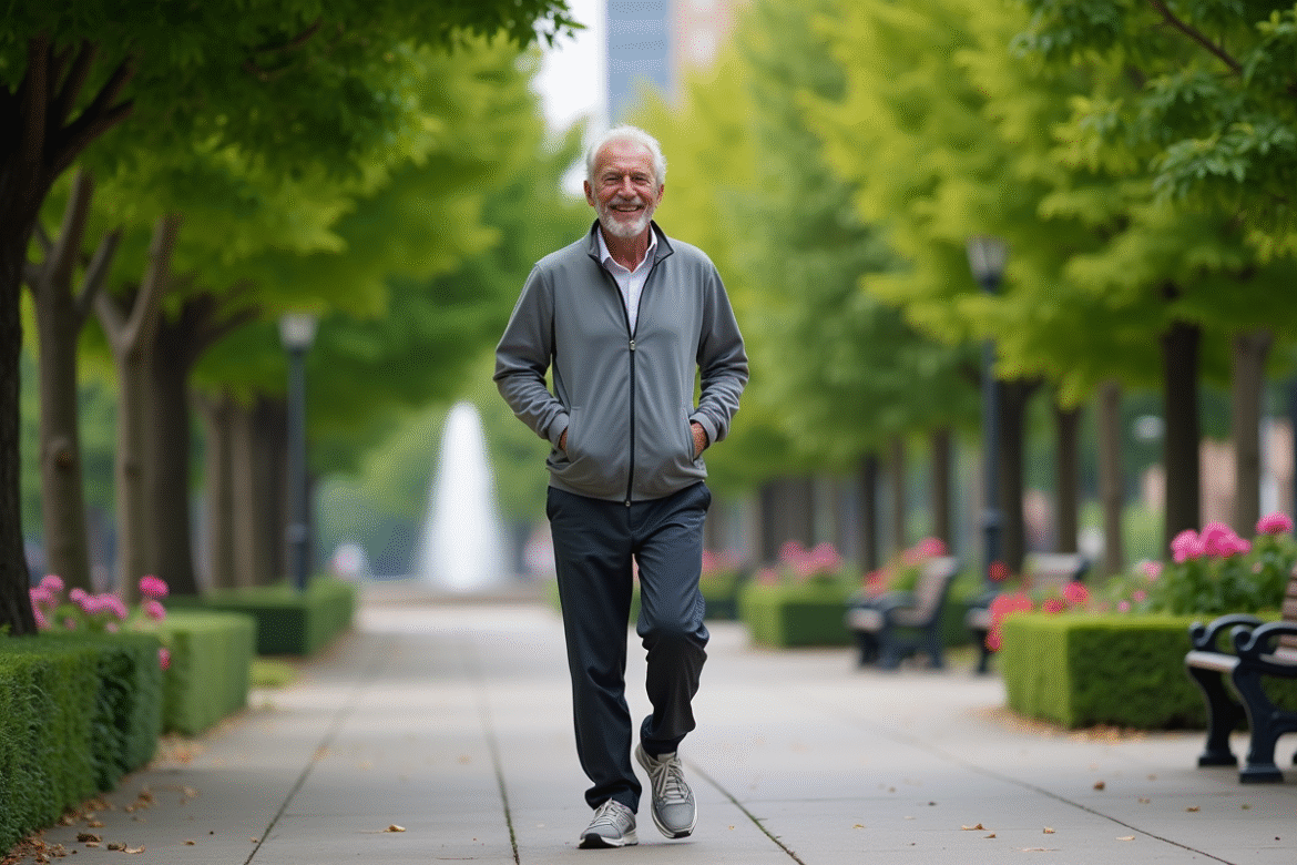 Homme senior souriant marchant dans un parc urbain