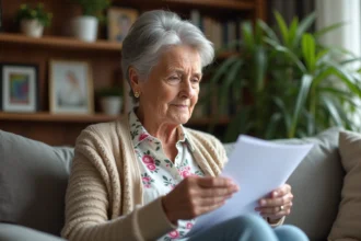 Femme âgée relisant des papiers dans son salon chaleureux