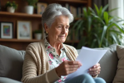 Femme âgée relisant des papiers dans son salon chaleureux