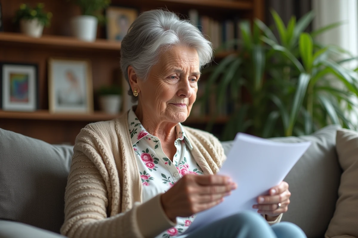 Femme âgée relisant des papiers dans son salon chaleureux