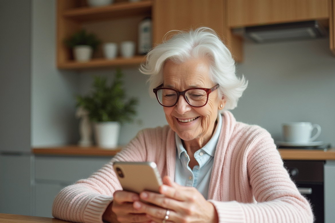 Seniore souriante utilisant son iPhone dans la cuisine chaleureuse