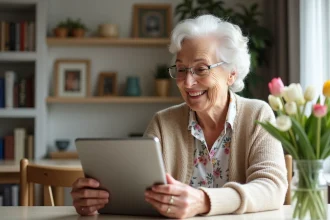 Femme âgée souriante en vidéo chat avec un professionnel