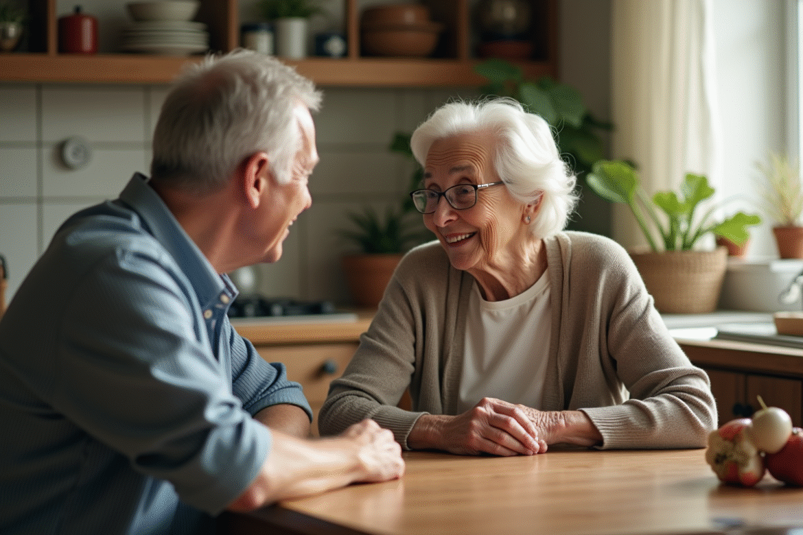 Femme âgée souriante en cuisine chaleureuse