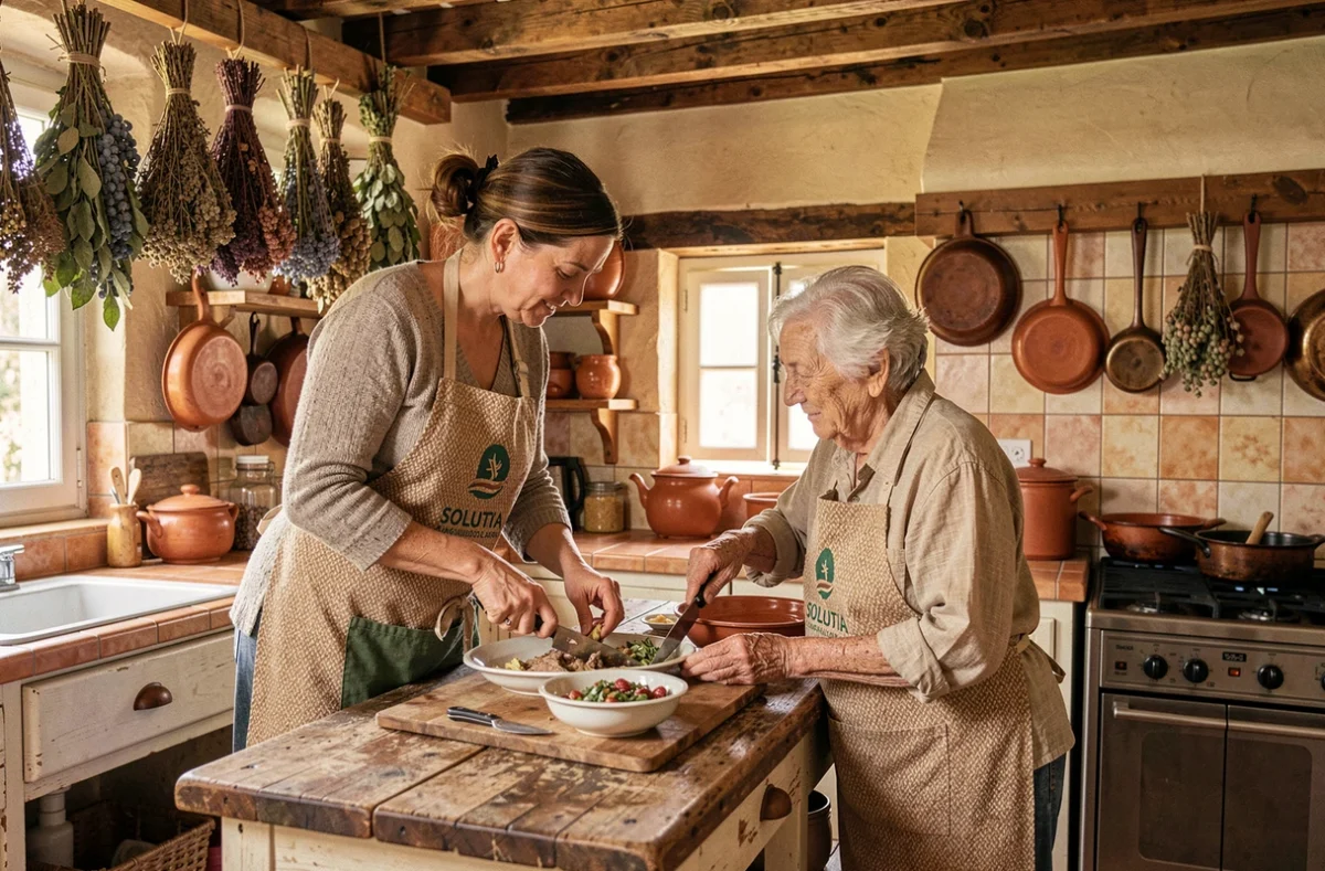 Une aide à domicile de Solutia Béziers prépare un repas avec une personne âgée dans une cuisine rustique du Biterrois.