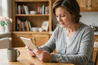 Femme d'une quarantaine d'années aidant un proche sous tutelle à télécharger Mon Proxima sur une tablette à domicile