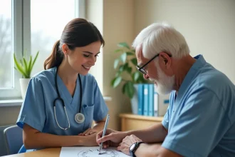 Infirmière aidant un patient âgé à réaliser le test de l'horloge sur une feuille blanche dans une salle de consultation hospitalière