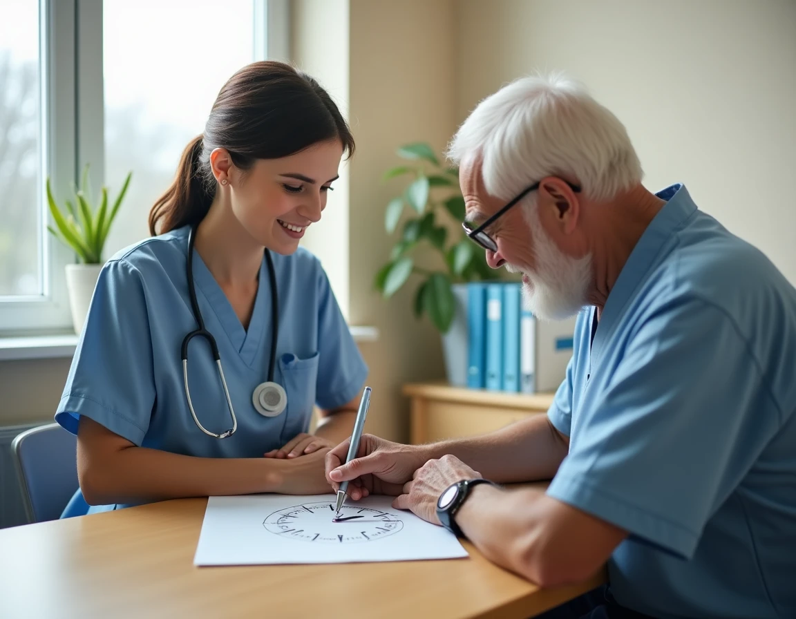 Infirmière aidant un patient âgé à réaliser le test de l'horloge sur une feuille blanche dans une salle de consultation hospitalière