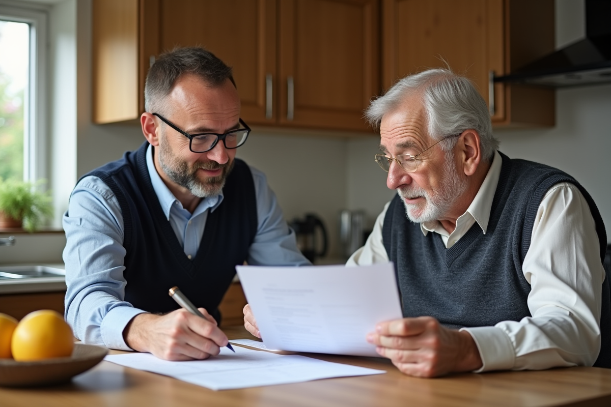 Homme social aidant un senior à la table de cuisine