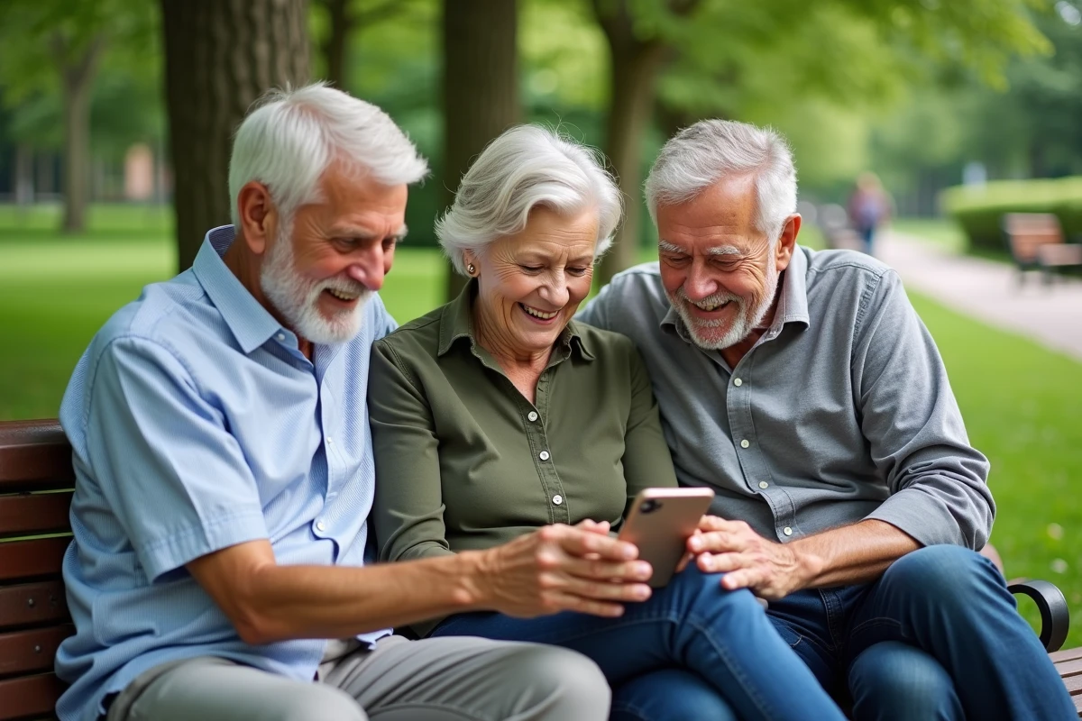 Trois personnes âgées regardant un smartphone dans un parc