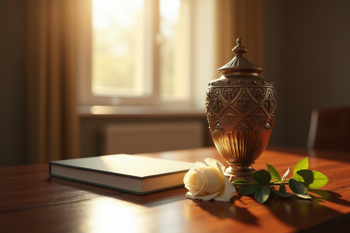 Urne élégante sur une table en bois avec rose blanche et livre