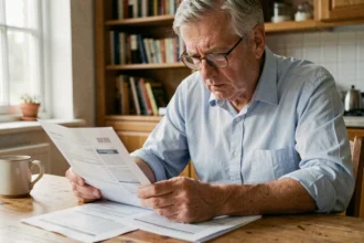 Homme de 58 ans examinant attentivement ses relevés de pension Agirc-Arrco à son domicile pour corriger d'éventuelles erreurs