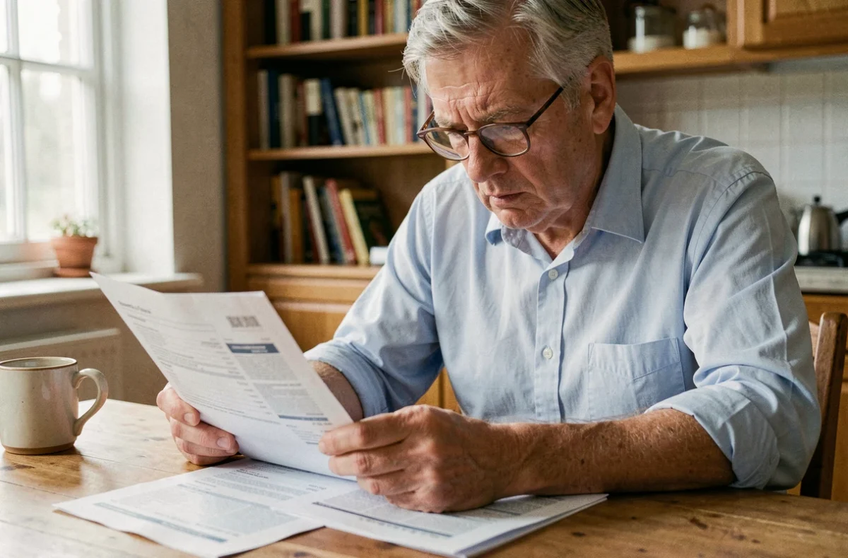 Homme de 58 ans examinant attentivement ses relevés de pension Agirc-Arrco à son domicile pour corriger d'éventuelles erreurs