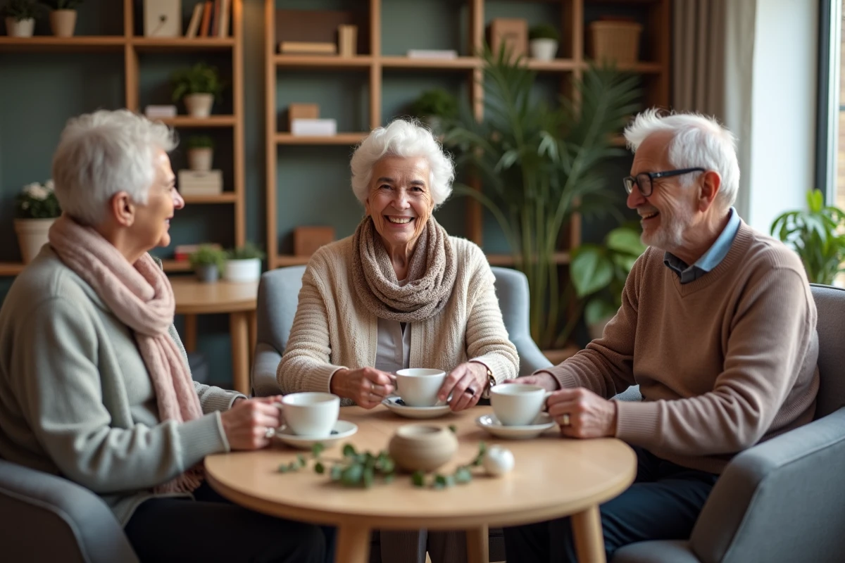 Groupe de personnes âgées partageant un moment convivial dans le salon commun d'une résidence seniors à Lille