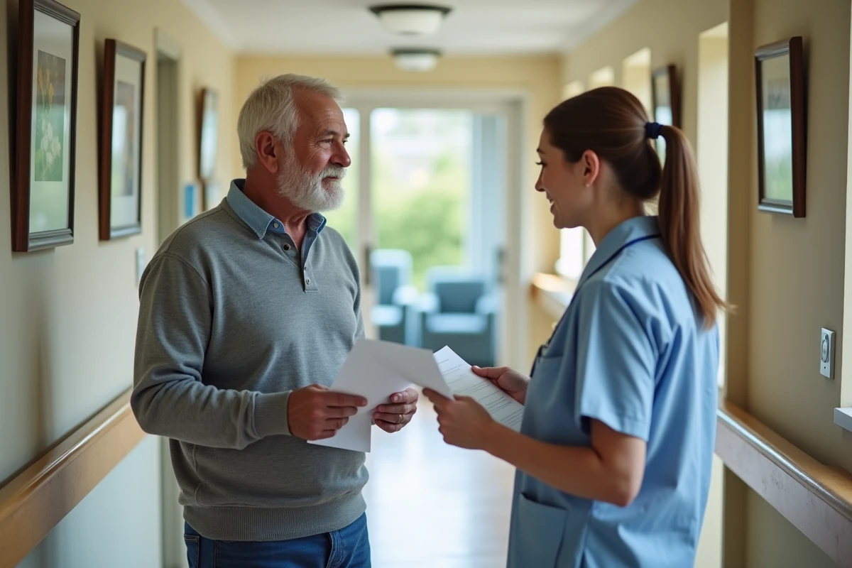 Fils adulte en visite dans une maison de retraite discutant avec une infirmière pour l'admission d'un parent dépendant