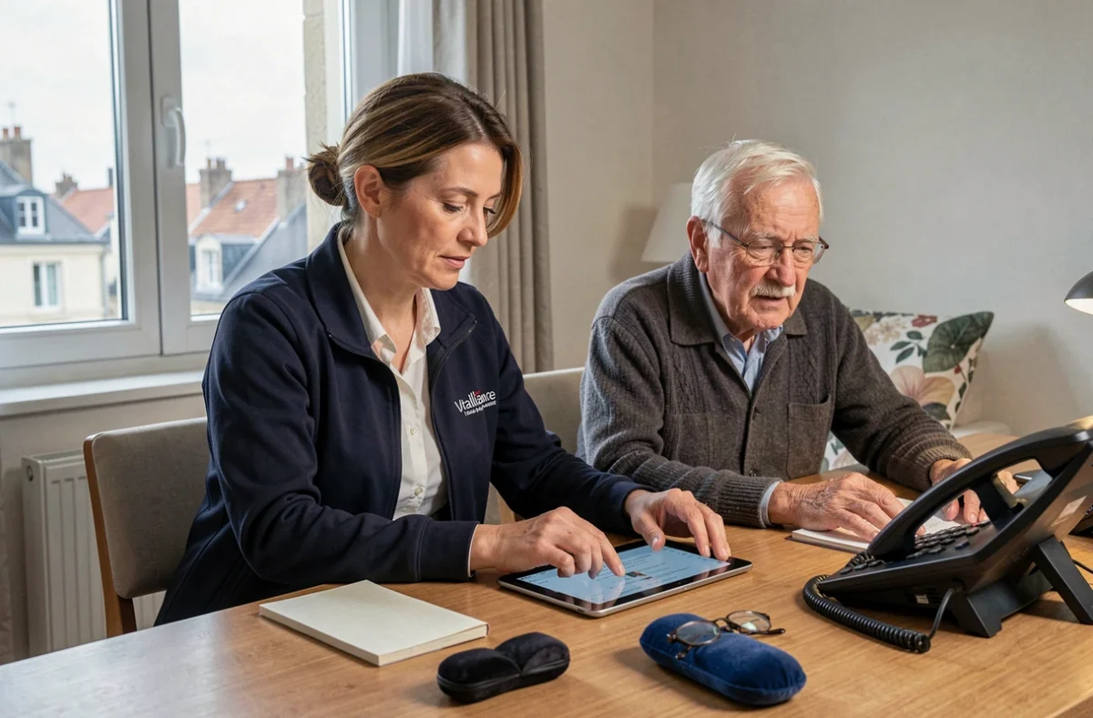 Une auxiliaire Vitalliance assiste un homme âgé dans l'utilisation d'une tablette numérique à son domicile au Mans