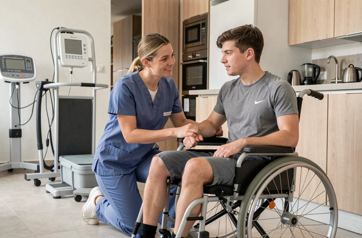 Une accompagnante spécialisée de Vitalliance Montpellier assiste une personne en situation de handicap dans un appartement adapté.