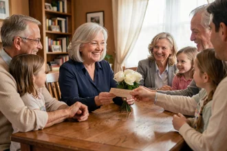 Femme de 70 ans entourée de sa famille recevant une carte d'anniversaire manuscrite avec émotion